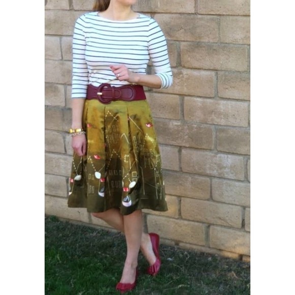 MAEVE by ANTHRO Green Gold Feathered Village Bird Pleated Skirt - Picture 1 of 12